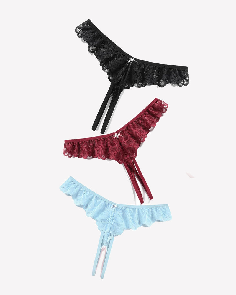 Lace thong briefs set: black, burgundy, and light blue with crisscross ribbon ties