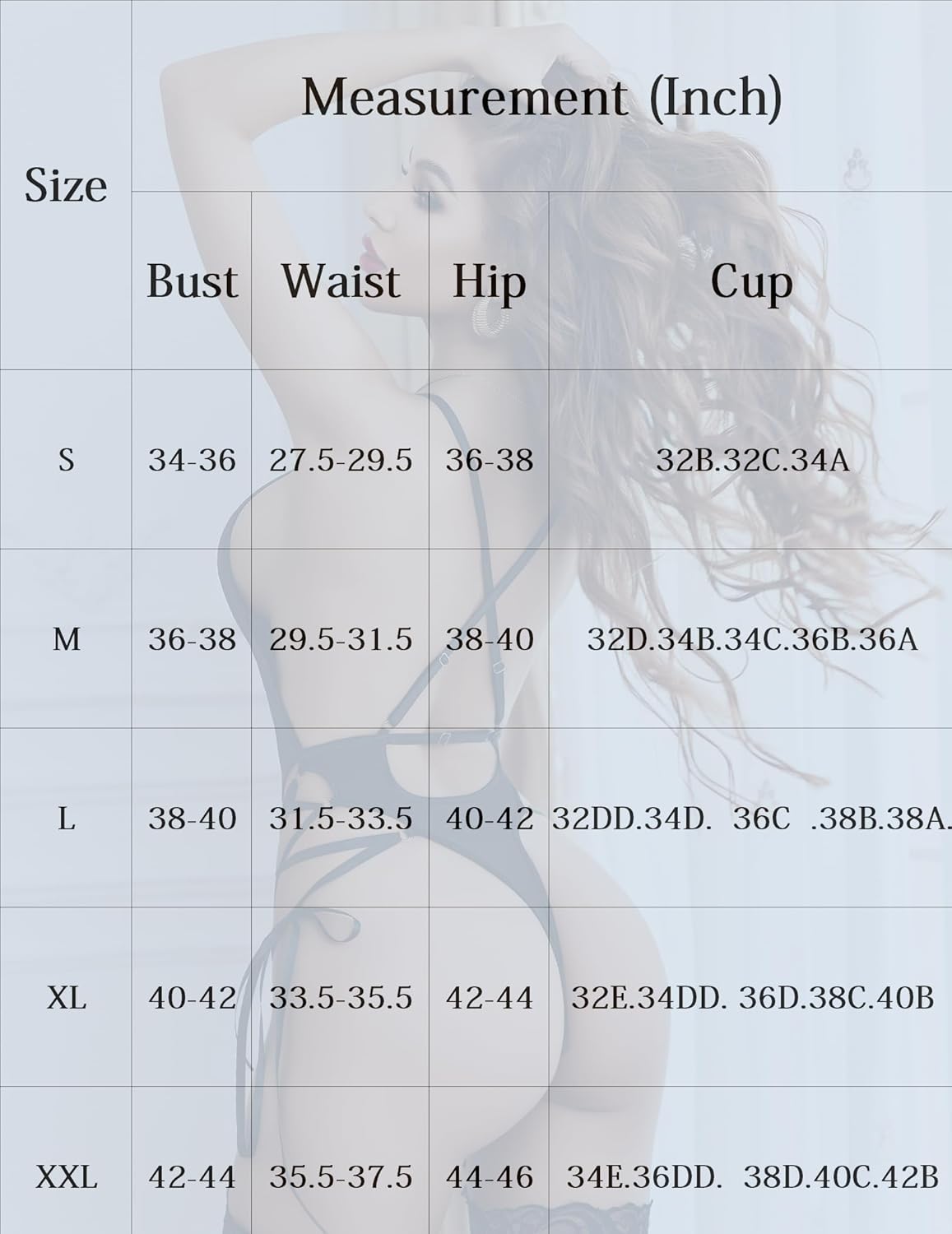 Lace bodysuit size measurement chart: bust, waist, hip, and cup (inches)