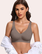 Grey wireless full coverage bra with V-neck smooth cups and adjustable straps