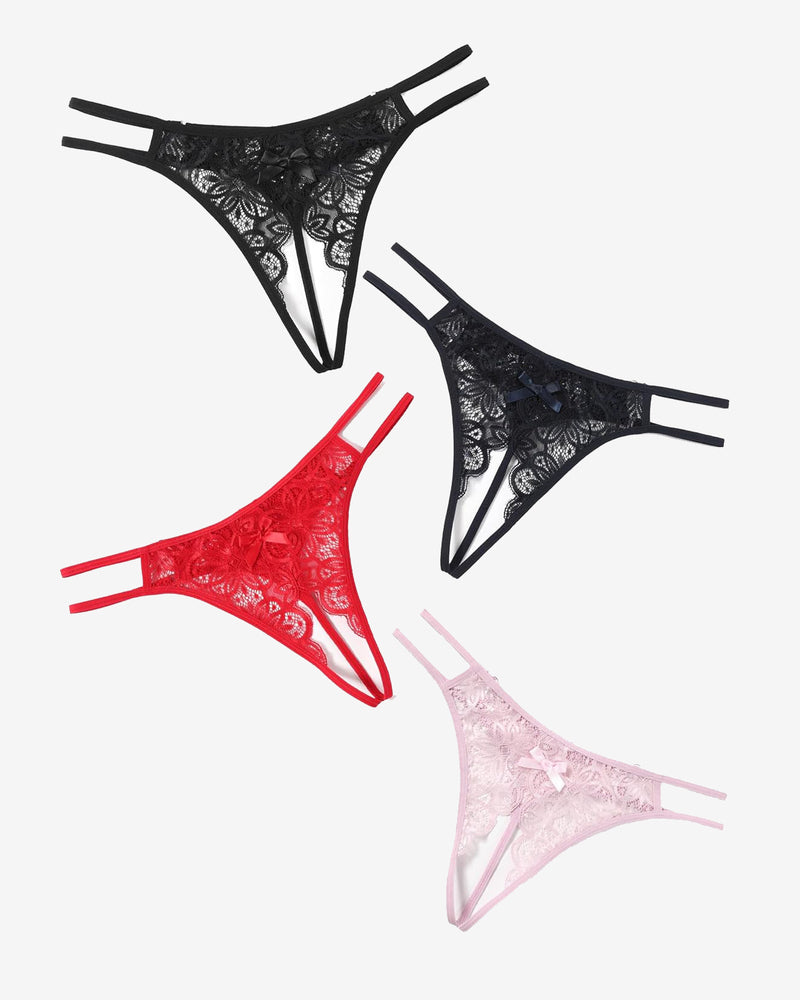 Floral lace thong briefs set with cute bow, in black, red, and pink