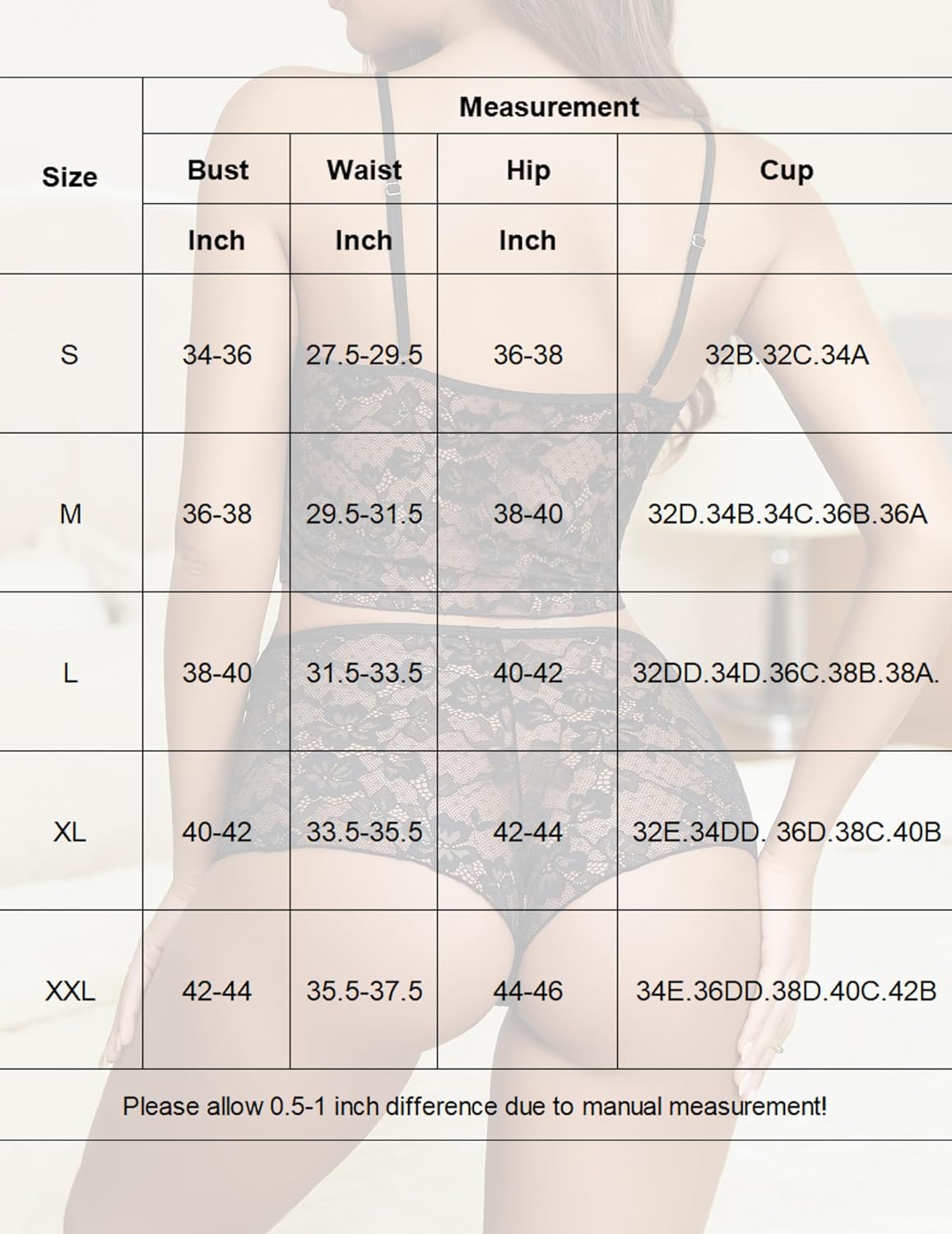 Size chart for sheer mesh bralette set: bust, waist, hip, and cup measurements