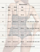 Size chart for sheer mesh bralette set: bust, waist, hip, and cup measurements