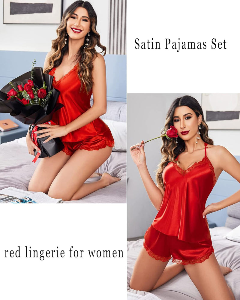 Red satin pajama set with sleeveless V-neck cami and lace-trim shorts