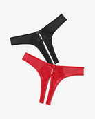 Sheer mesh bow thong panties with lace trim, black and red