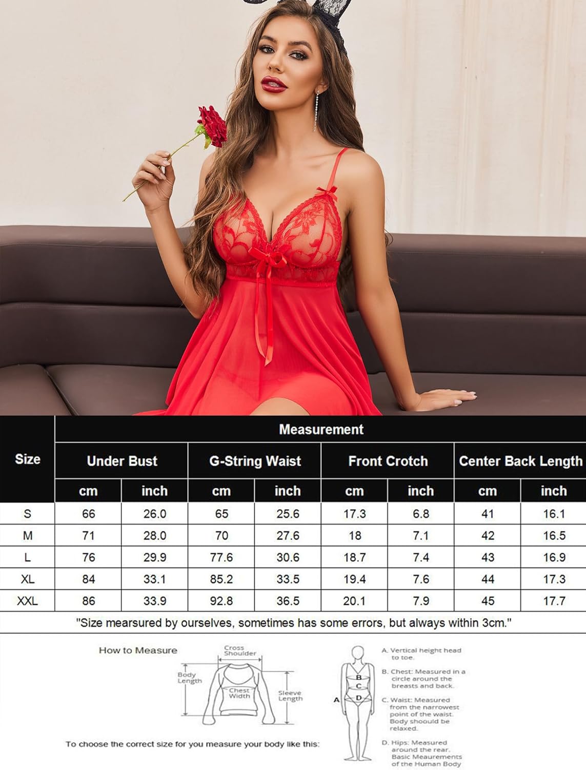 Red V-neck lace babydoll with spaghetti straps, bow front, and sheer asymmetrical skirt.