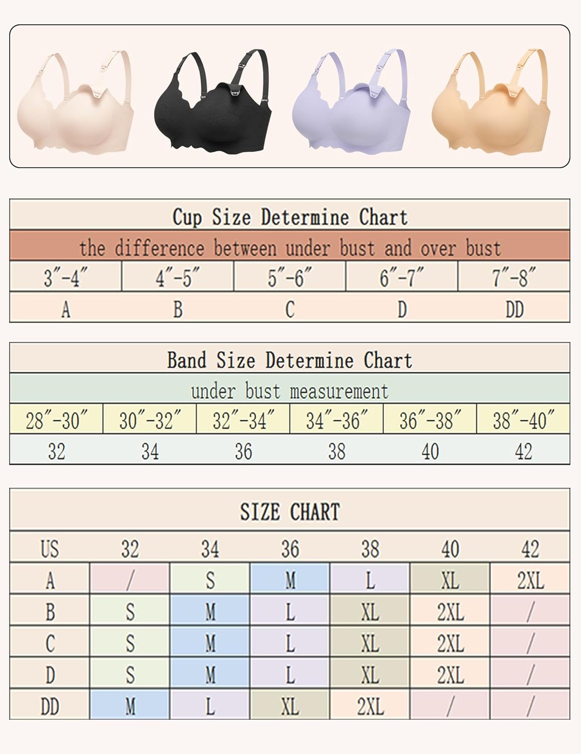 Nursing bra size chart with cup and band measurements (US sizes)