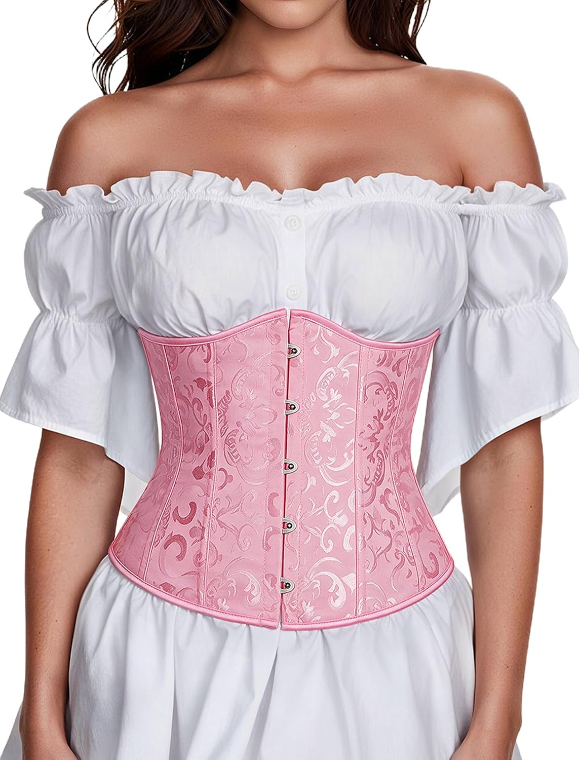 Pink patterned underbust corset top with button front and white off-shoulder ruffle sleeves