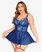 Blue lace babydoll nighty with underwire cups, sheer skirt, adjustable straps, garter belt