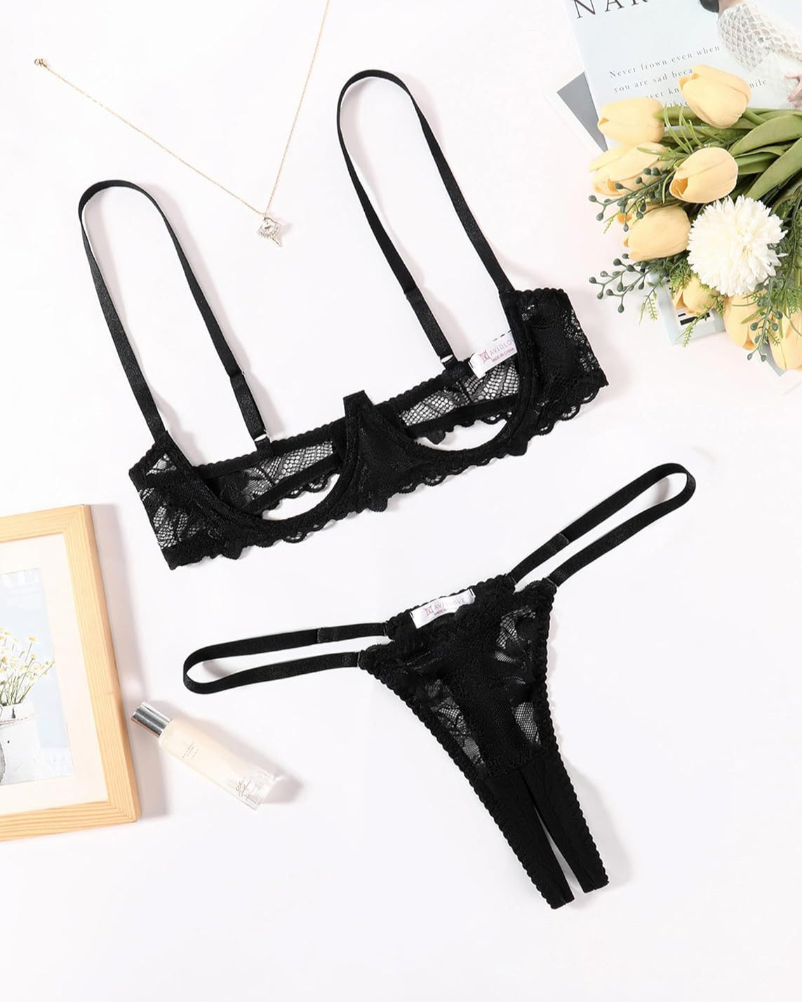 Black lace underwire bra and matching thong set, sheer mesh lace and scalloped edges