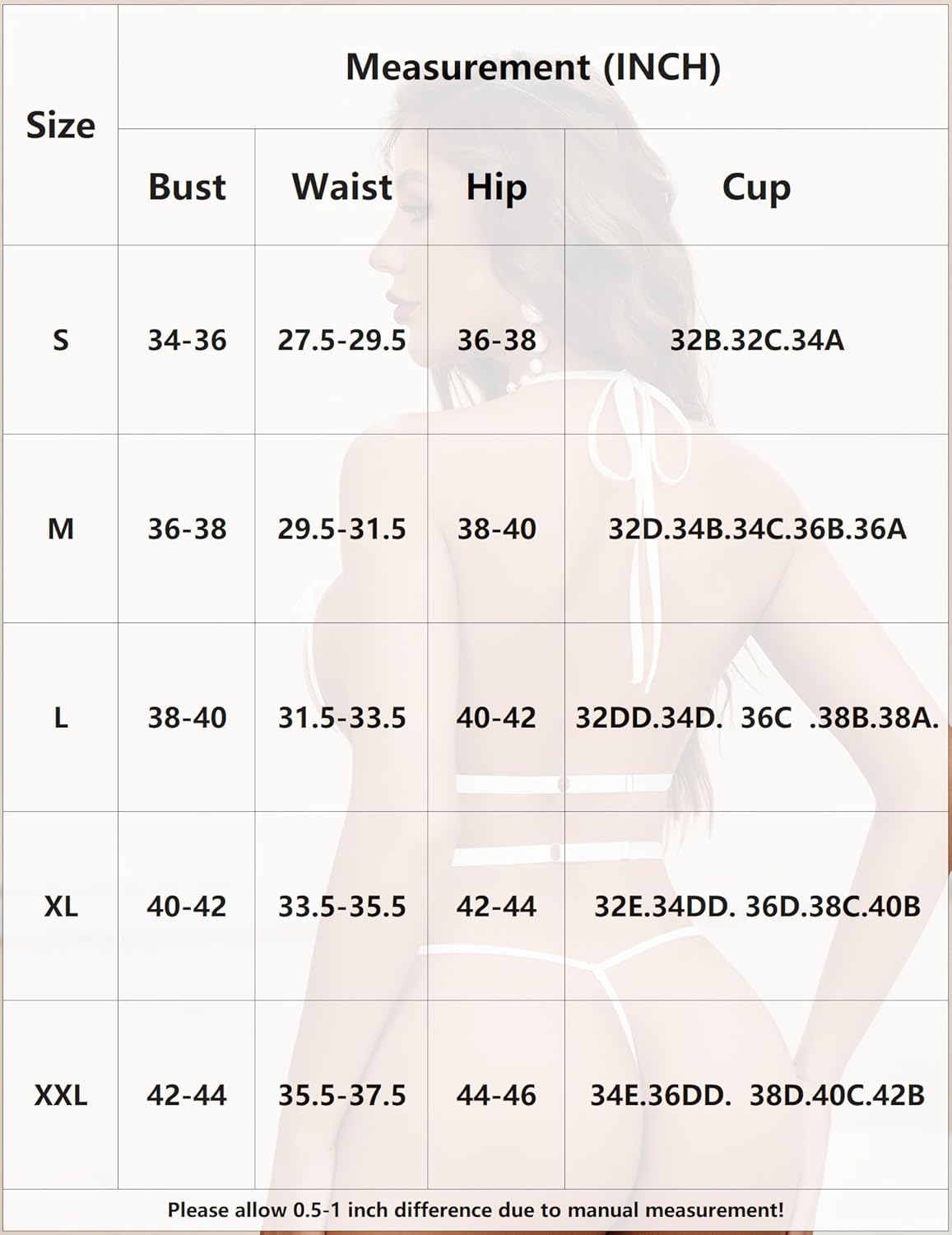 Size chart for halter teddy bow lingerie set with bust, waist, hip, and cup