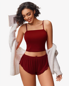 Ribbed pajama set in wine red: cropped cami top and elastic-waist ruffled shorts