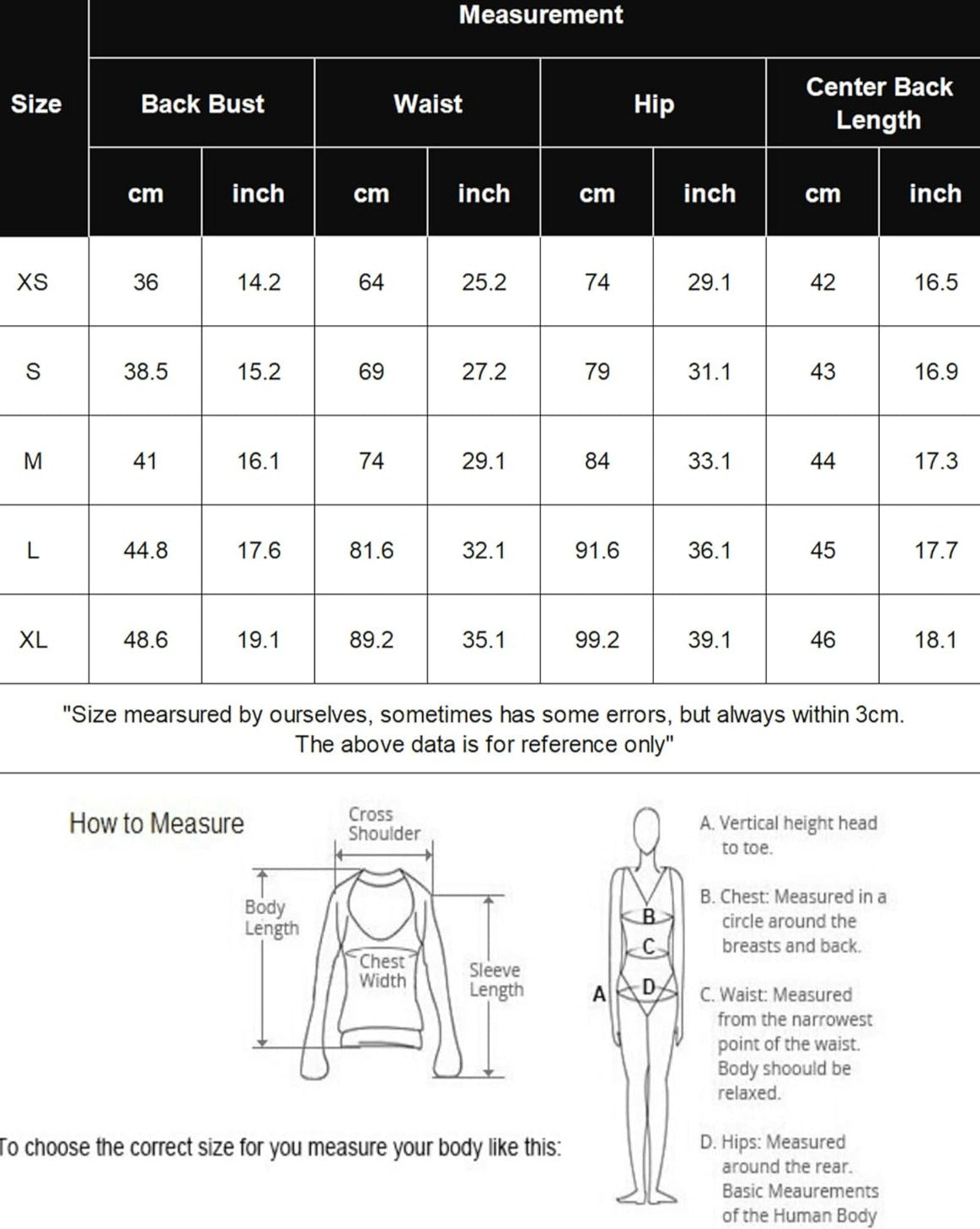 Size measurement chart with back bust, waist, hip, and center back lengths
