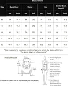 Size measurement chart with back bust, waist, hip, and center back lengths