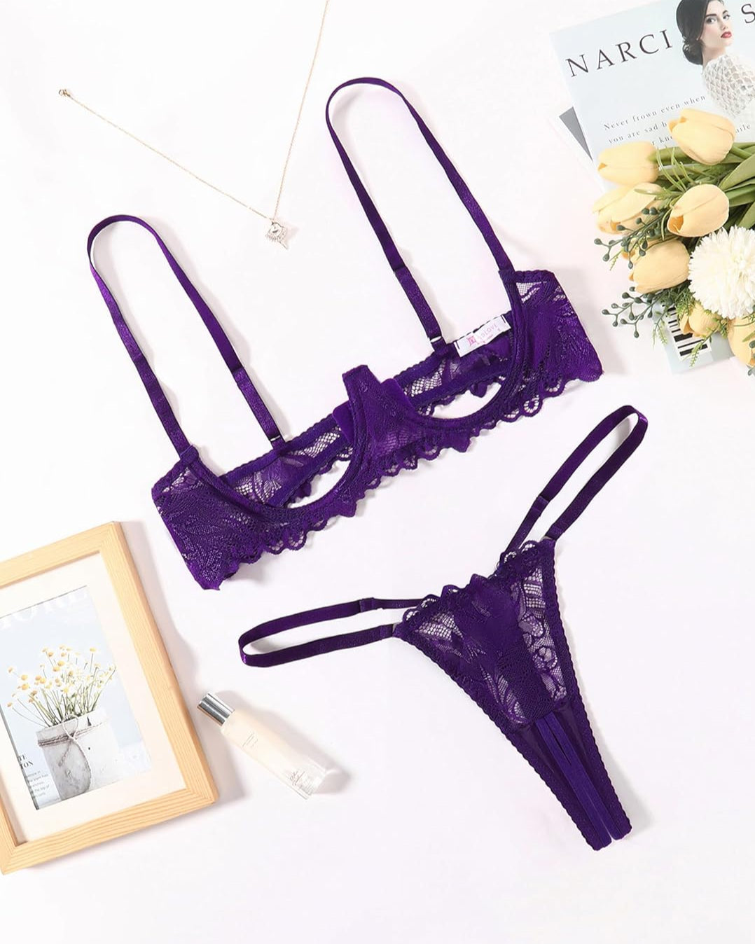 Purple lace underwire bra and matching thong set, sheer lace texture and scallops