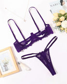 Purple lace underwire bra and matching thong set, sheer lace texture and scallops