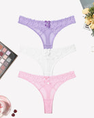 Set of 3 low-waist lace mesh thongs in lavender, white, and pink