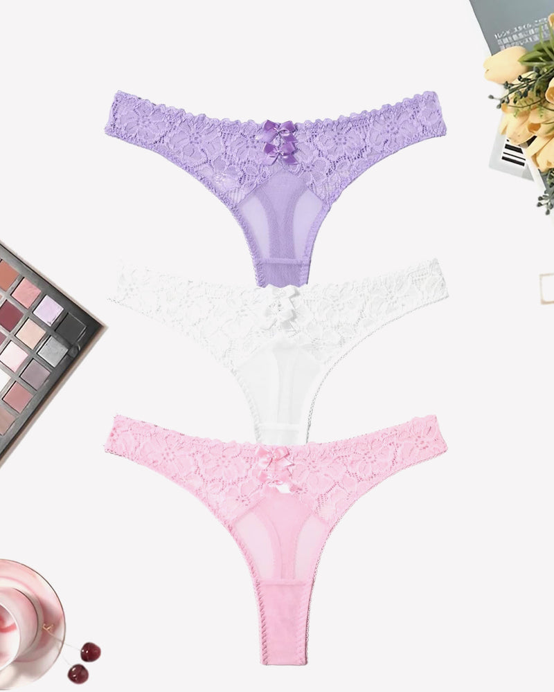Set of 3 low-waist lace mesh thongs in lavender, white, and pink