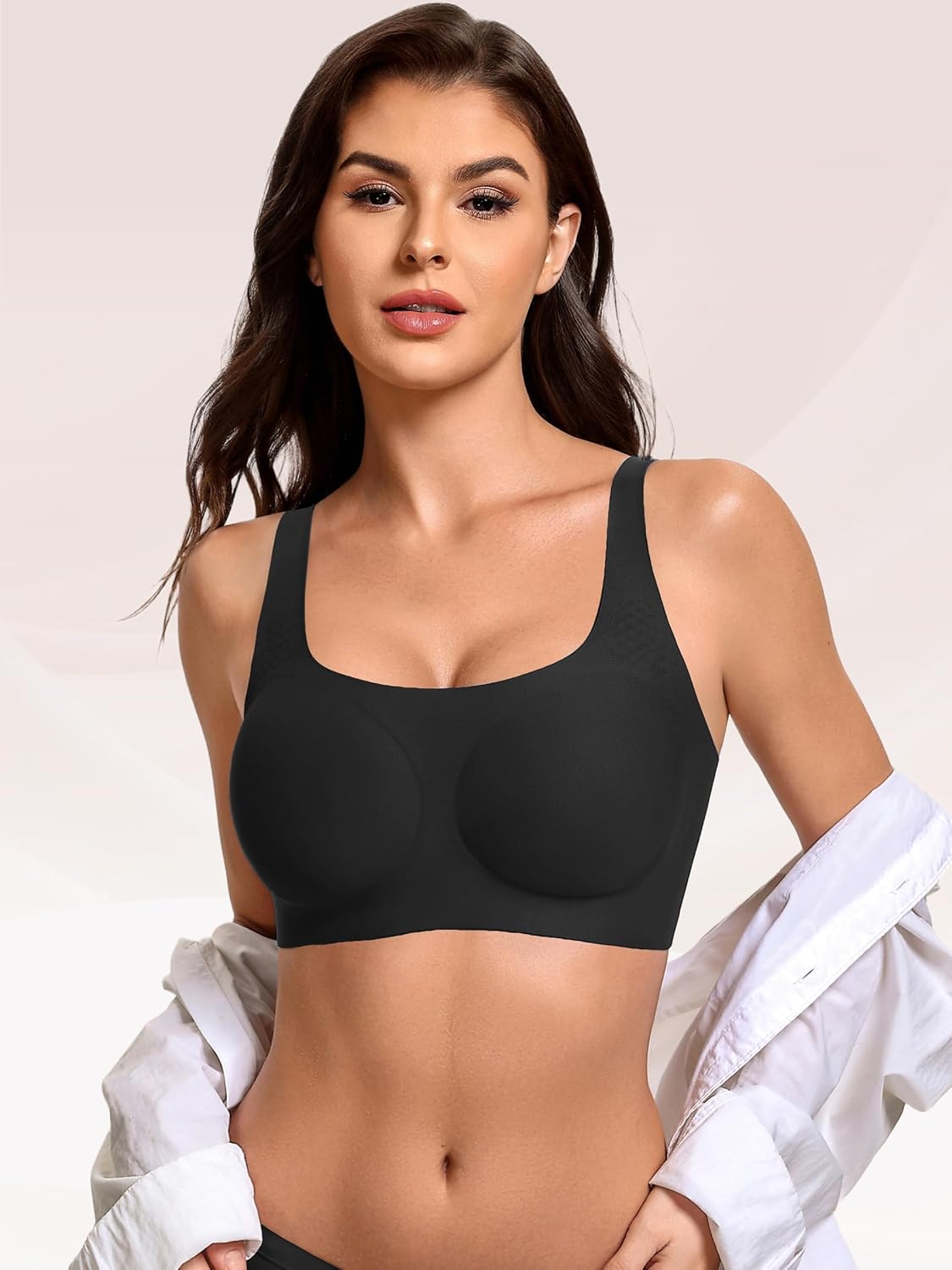 Black wireless bra with wide straps and smooth molded cups, no underwire