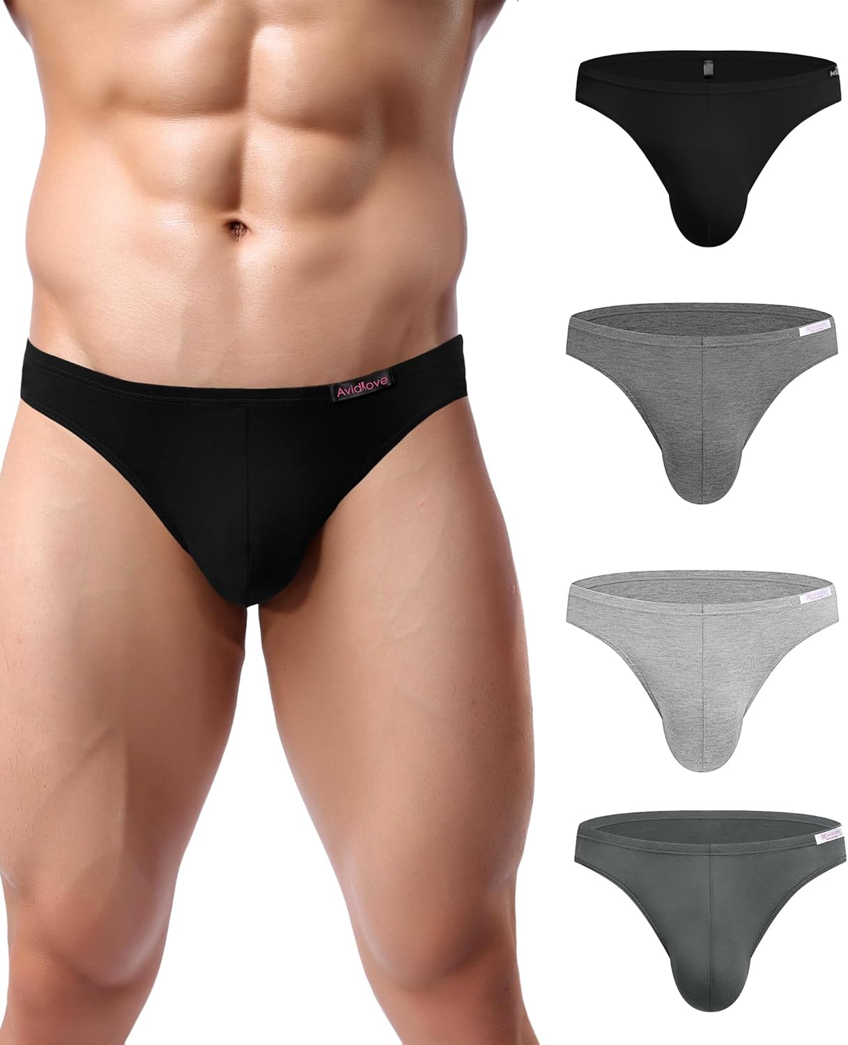 Men's low-rise hip briefs in black and gray shades