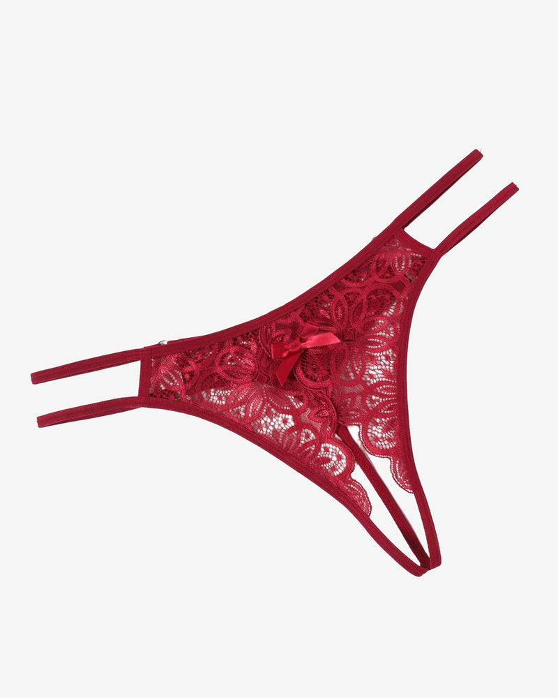 Red lace floral thong briefs with bow, semi-sheer cutwork and double strap sides.