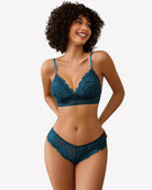 Blue-green lace bralette with scalloped cups and matching lace hipster panties