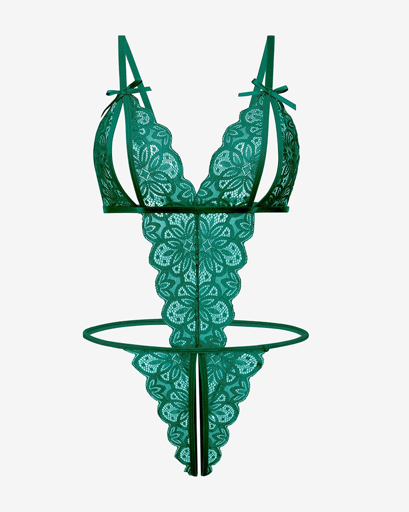 Green lace deep-V bodysuit teddy with bow straps and scalloped trim