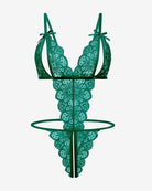 Green lace deep-V bodysuit teddy with bow straps and scalloped trim