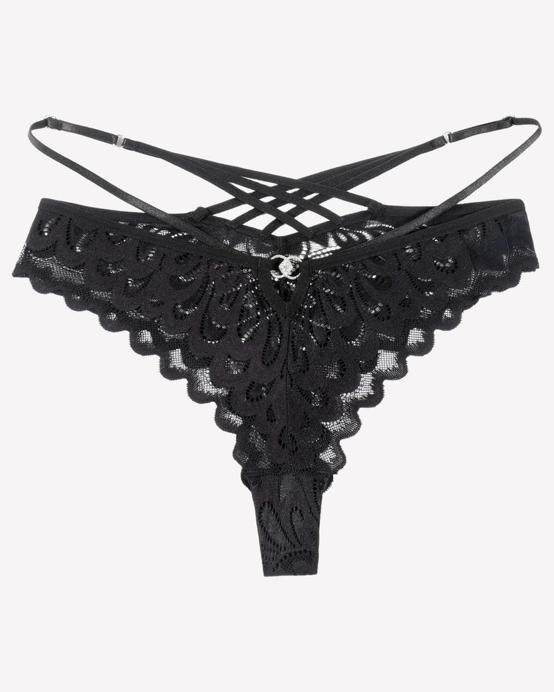 Black lace panties with crisscross back straps and scalloped trim