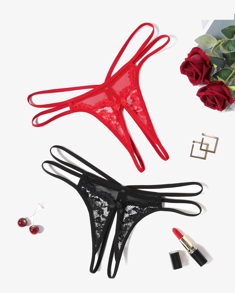 Red and black floral lace G-string panties with lace bow detailing