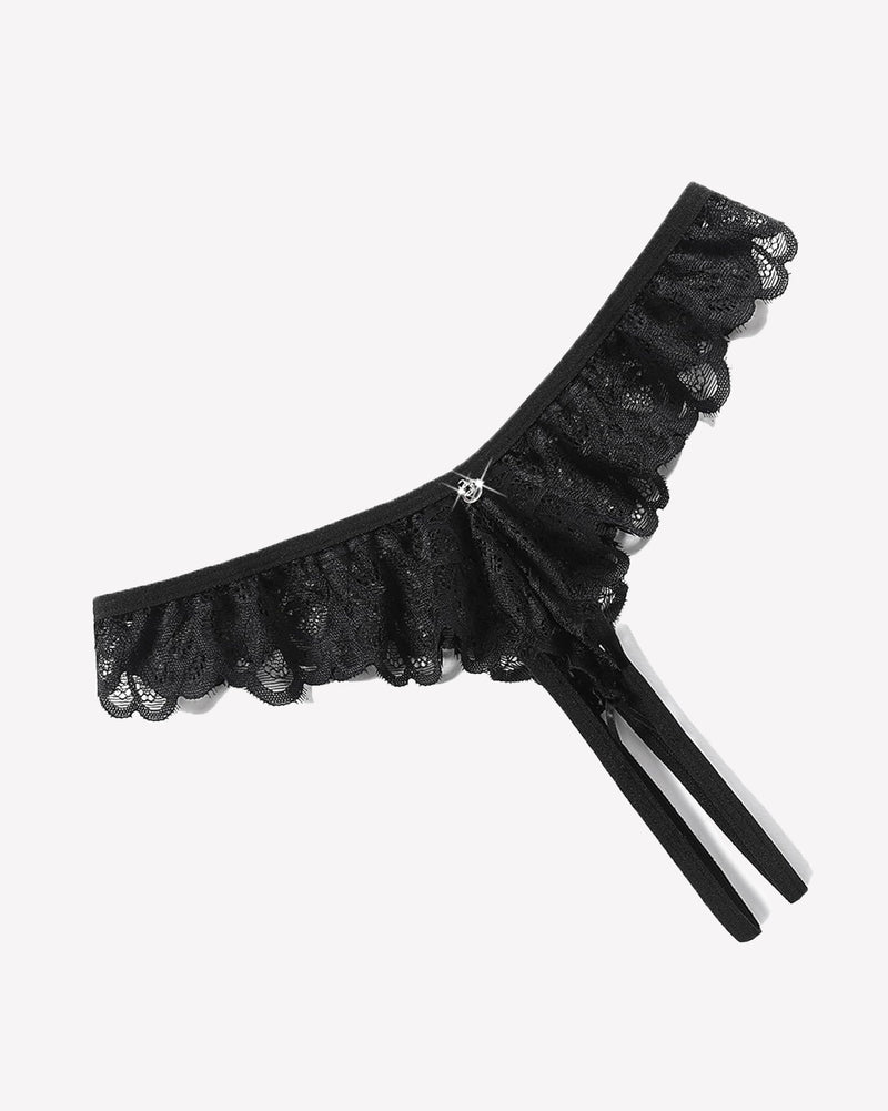 Black lace crisscross thong briefs with scalloped trim and double ribbon ties