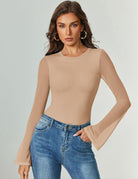 Long-sleeve mesh thong bodysuit, nude beige