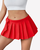 Pleated mini skirt with waist tie, red color