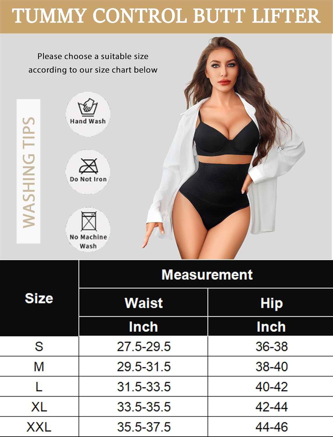 Size chart for tummy control thong shapewear: waist and hip inches
