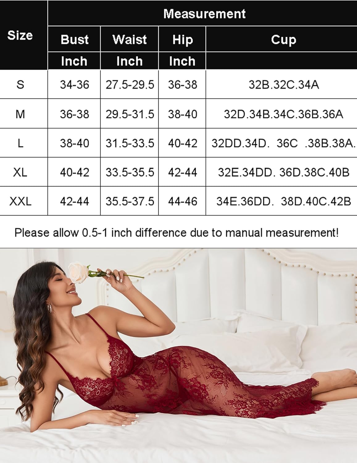 Wine red floral lace halter lingerie dress, lace texture, scalloped hem