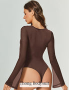 Long sleeve bodysuit, dark brown, thong back with sheer flared sleeves