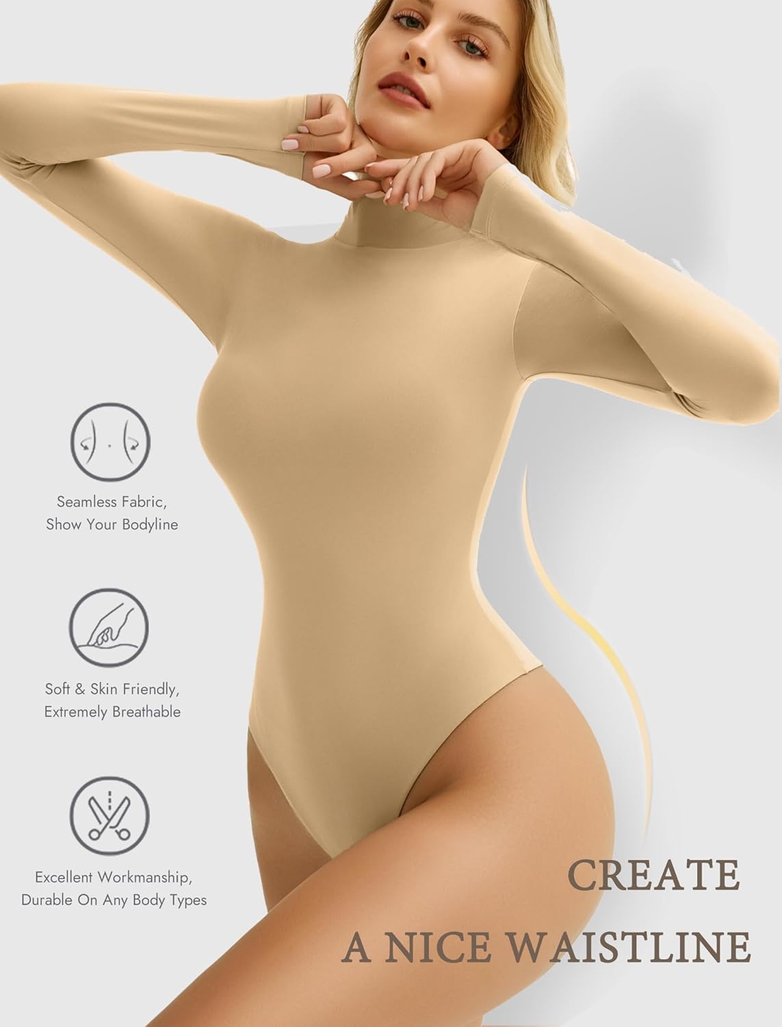 Beige high-neck snap-closure soft bodysuit with short sleeves and seamless shaping