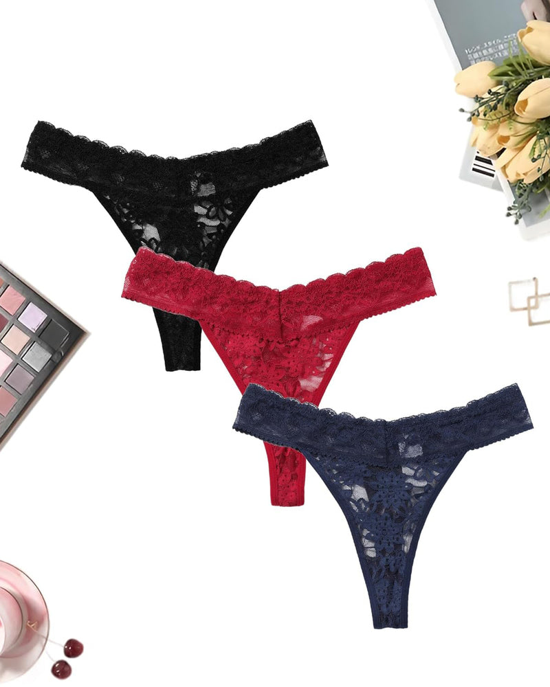Lace low-rise Brazilian panties in black, red, and navy
