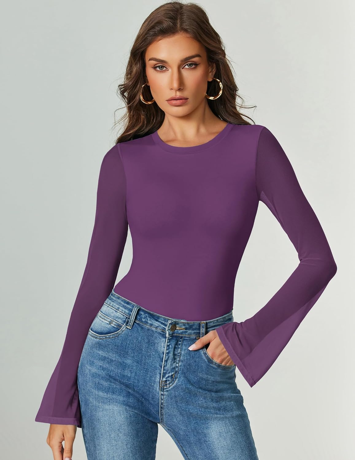 Long-sleeve mesh thong bodysuit with crew neck, purple