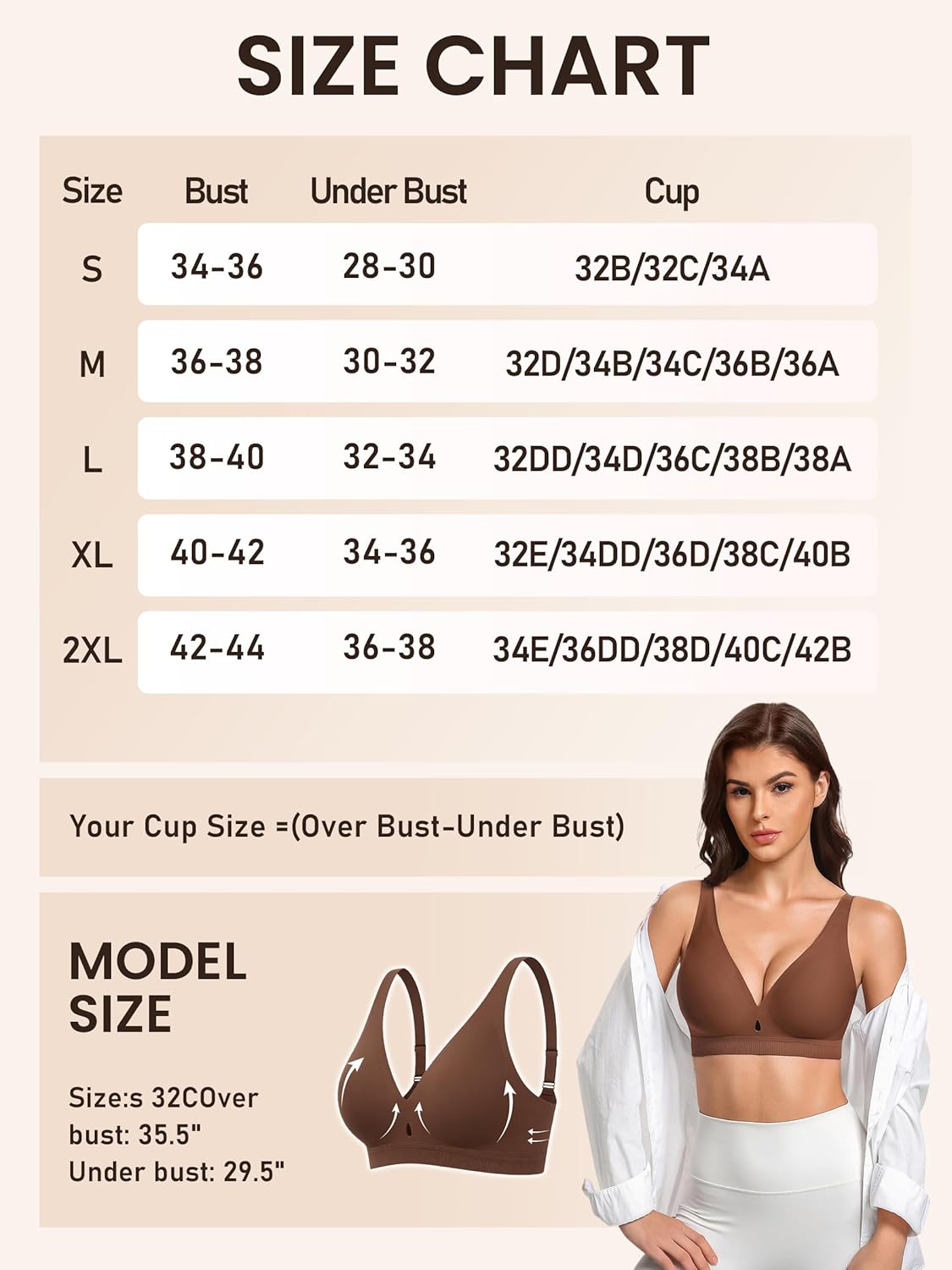 Size chart for wireless no-underwire bra: bust, under-bust, and cup size ranges.