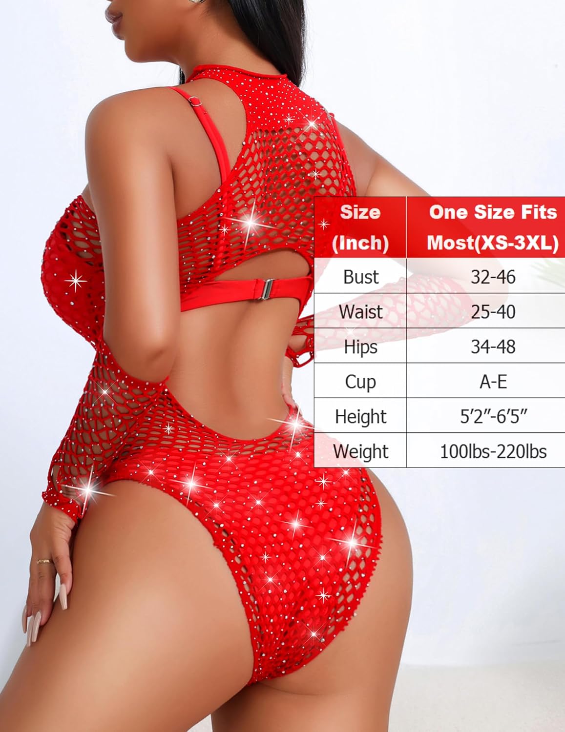 Red fishnet bodysuit with rhinestone sparkle, open back with strap and curved cutout
