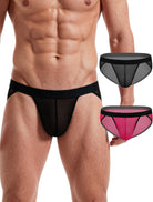 Men's sheer mesh contour pouch brief, black with magenta accents at waistband