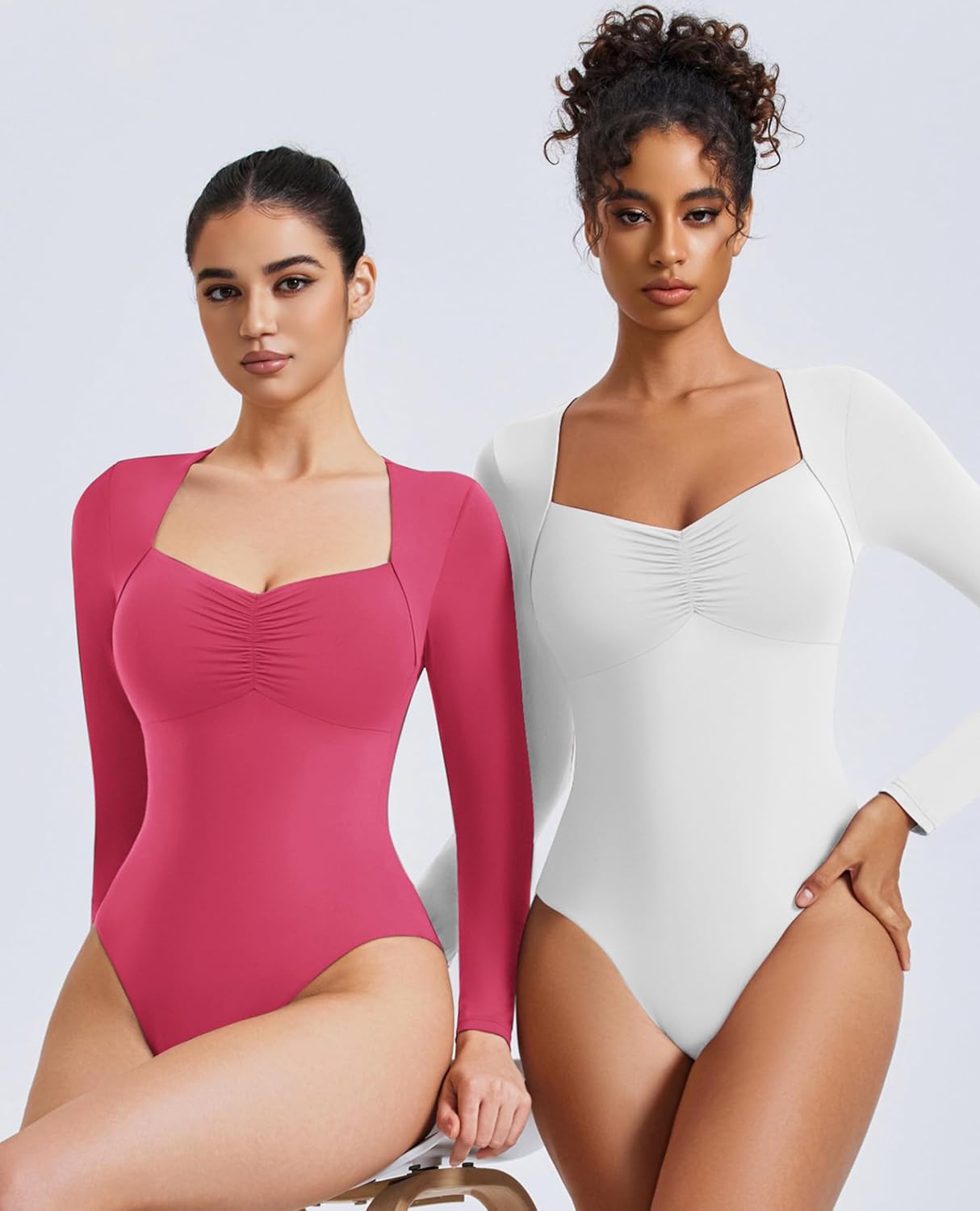 Sweetheart neckline bodysuit tops, long sleeves, ruched bust in rose and white.