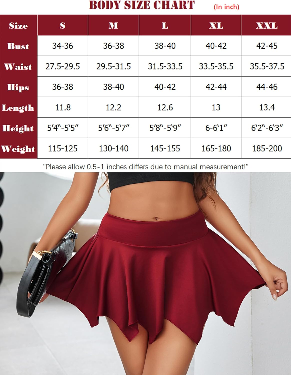 Wine red pleated mini skirt with layered asymmetric hem and wide elastic waistband