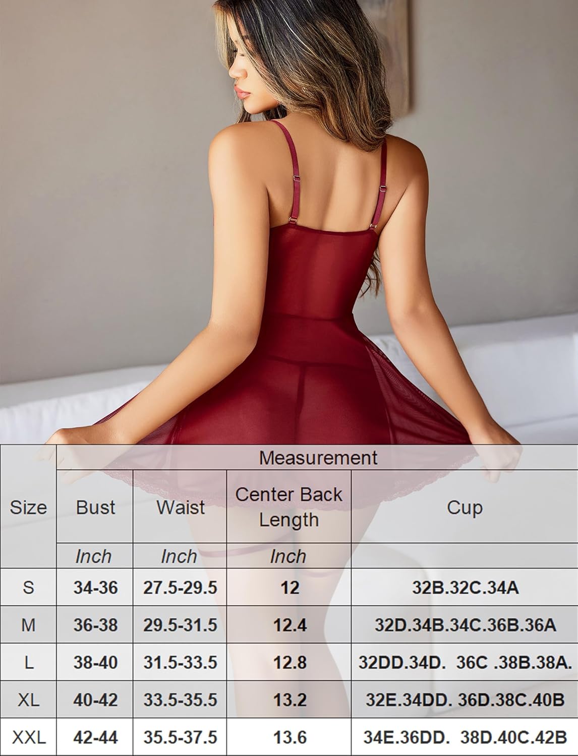 Wine red mesh babydoll with lace-trimmed flared skirt and garter straps, open back.