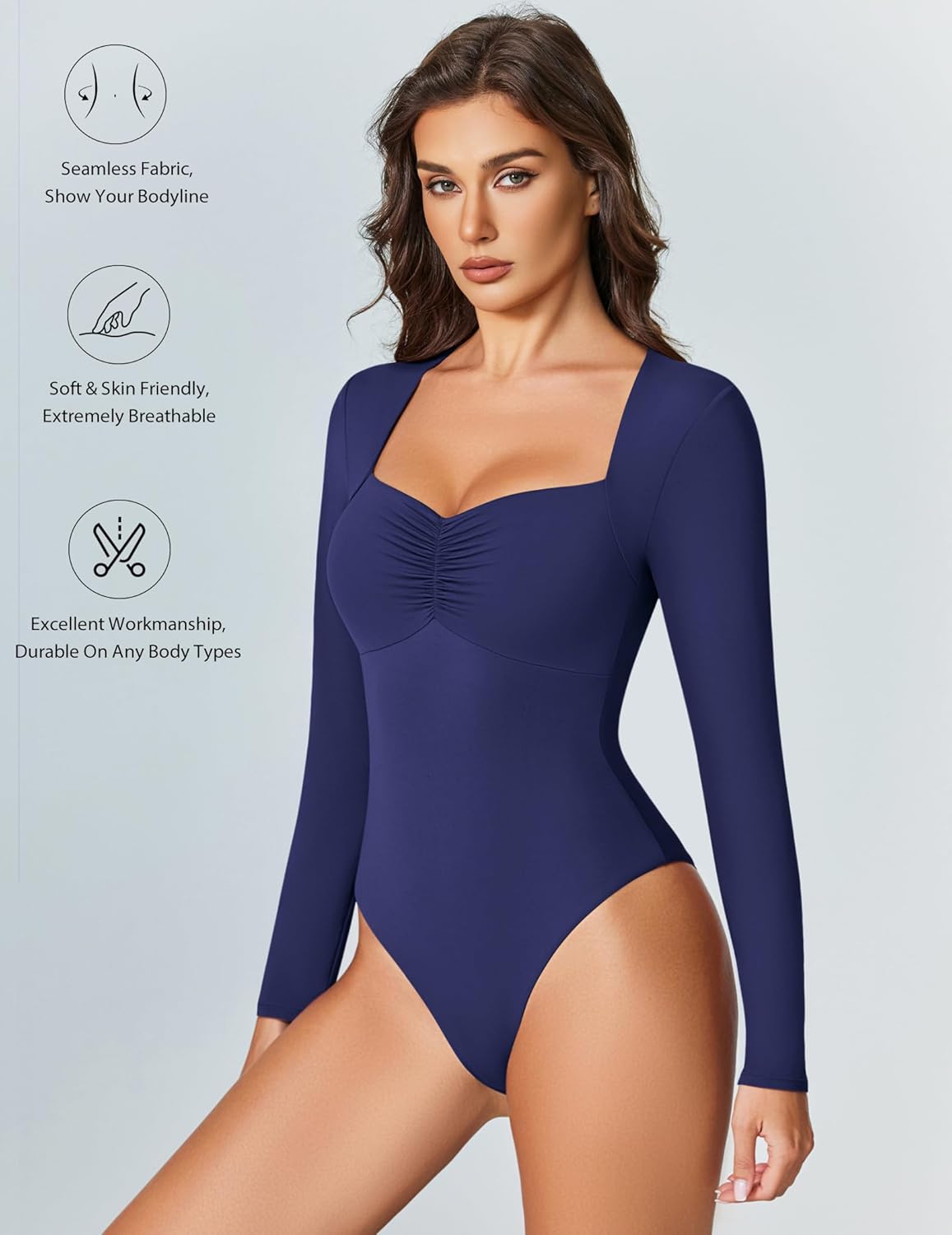 Blue sweetheart neckline long-sleeve bodysuit with ruched bust detail
