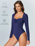 Blue sweetheart neckline long-sleeve bodysuit with ruched bust detail