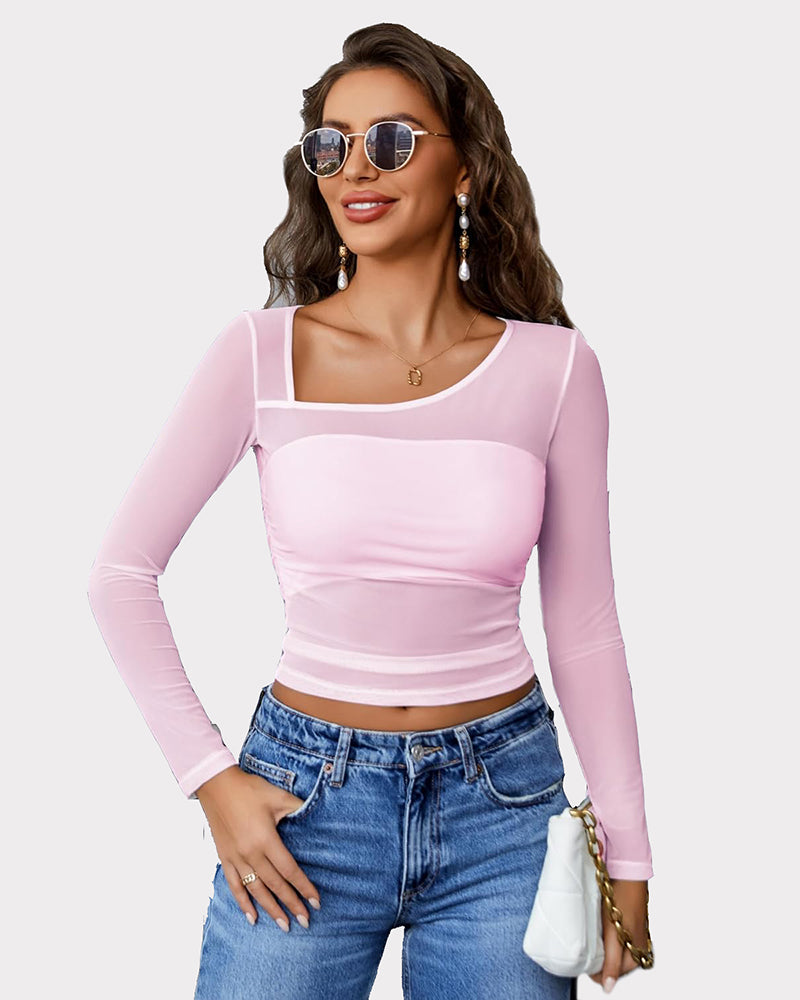 Pink sheer asymmetrical neckline long-sleeve crop top with ruched front