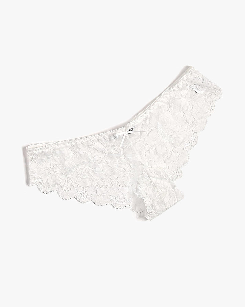 Floral lace hipster panties in white with bow tie detail and scalloped edges
