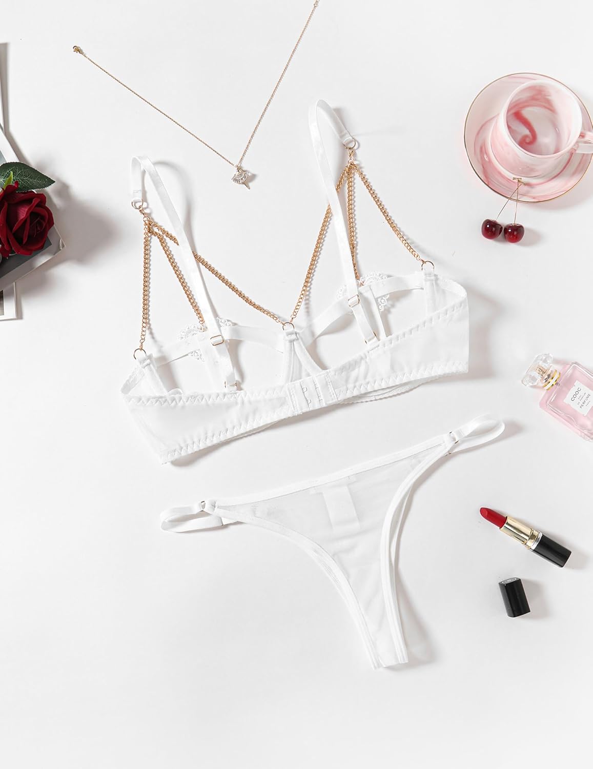 White chain-heart bra and thong set with gold-tone chain straps