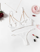 White chain-heart bra and thong set with gold-tone chain straps